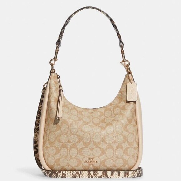 COACH Jules Hobo Pebble & Snake-Embossed Leather Bag Light Khaki/Ivory C9191 - Picture 1 of 6